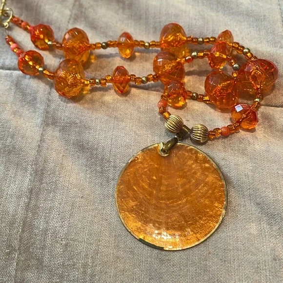 Vintage Tangerine Orange & Gold Pendant Necklace - Picture 1 of 9